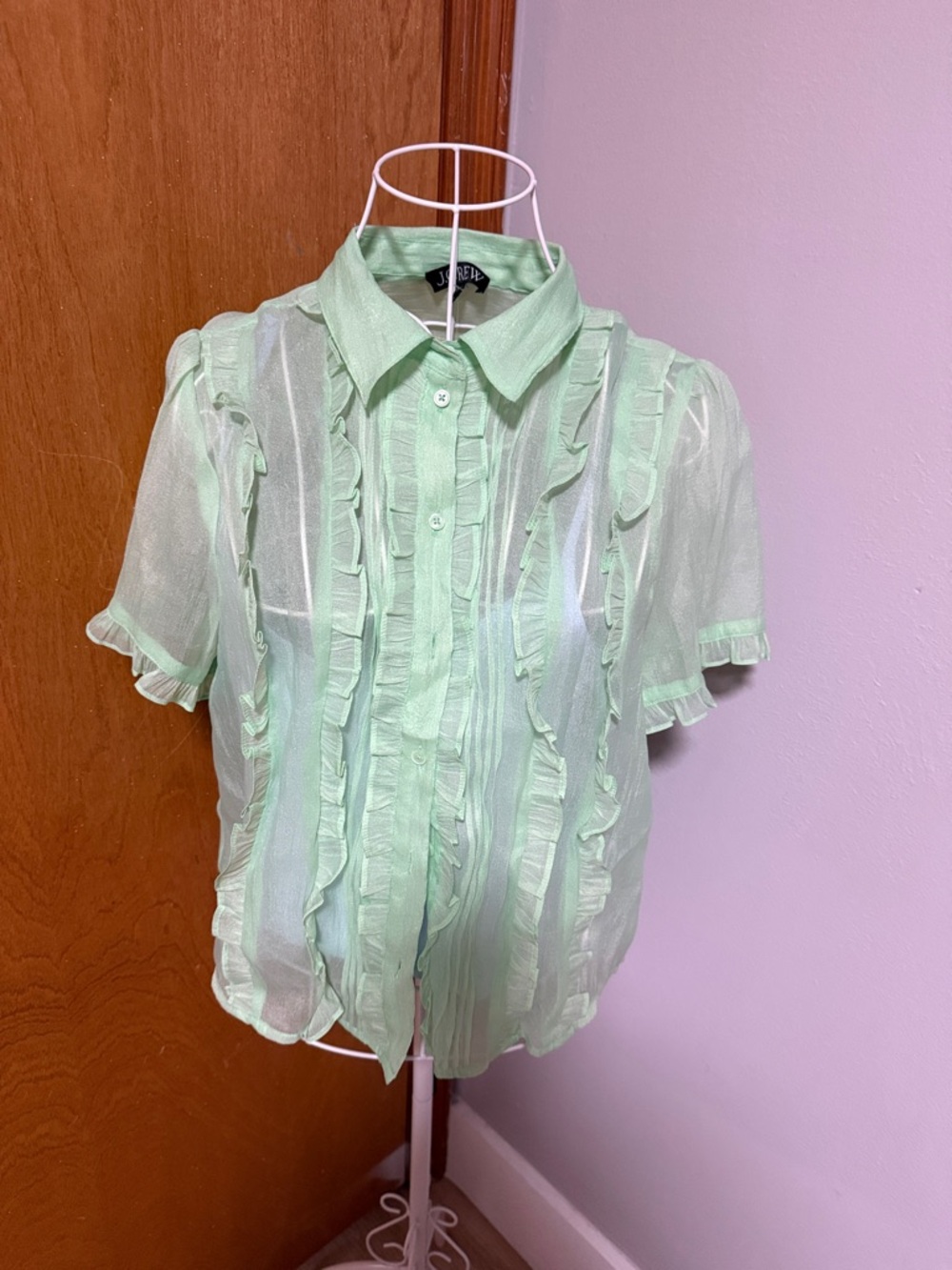J. Crew Sheer Mint Green Ruffled Button-Up Blouse